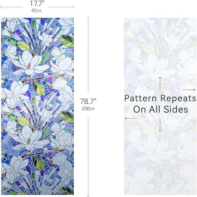 DKTIE Magnolia Pattern Stained Glass Window Film Floral Decorative Window Privacy Film with Rainbow Effect Front Door Bathroom Room Decor (S677, 17.7in X 78.7in)