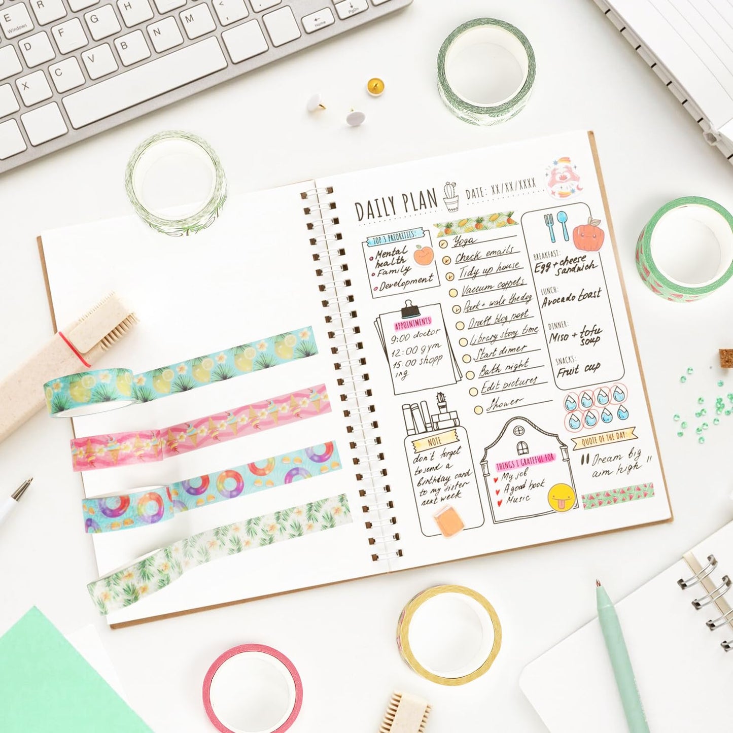 12 Rolls Fruits Washi Tapes, Hawaiian Leaves Cactus Masking Tapes, Colorful Fruits Decorative Adhesive for Scrapbook Journals DIY Craft Gift Wrapping Birthday Thanksgiving Christmas Party Decor 16.4Ft