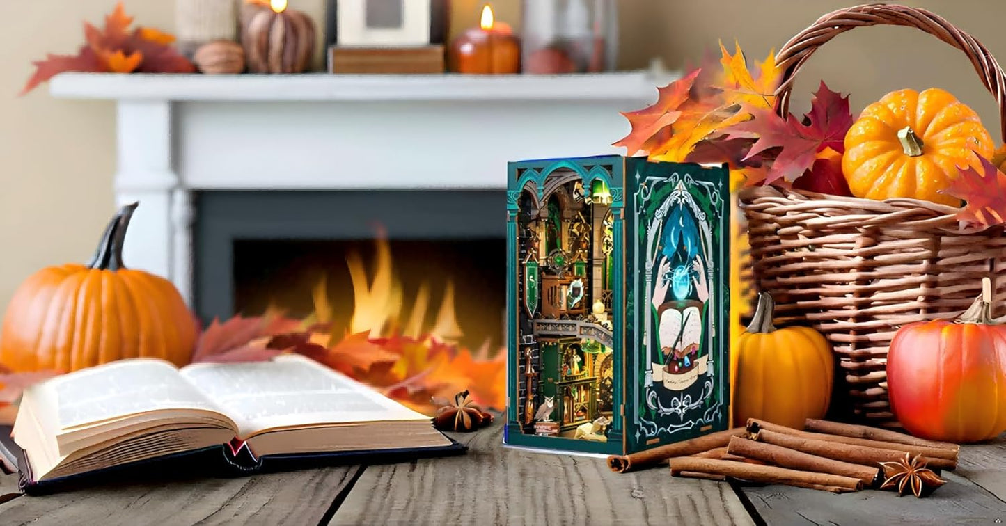 Fsolis Book Nook Kits for Adults, DIY Miniature House Kit 3D Wooden Puzzle Booknook Magic Halloween Bookshelf Nook Decorative Bookends for Women Teenagers and Book Lovers(Darkness Common Room)