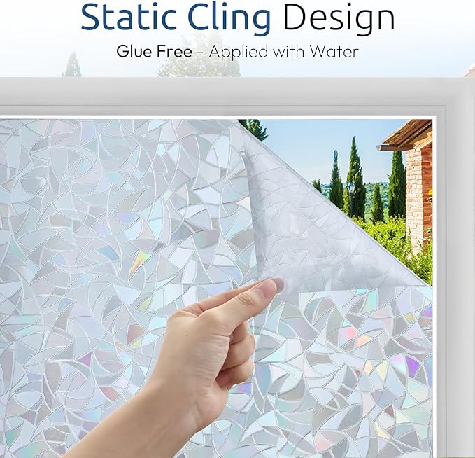 rabbitgoo Window Privacy Film Rainbow Film Decorative Window Sticker, 3D Static Stained Glass Cling Tint for Home Heat Control Non-Adhesive, Grayish Silver, 29.5 x 118.1 inches