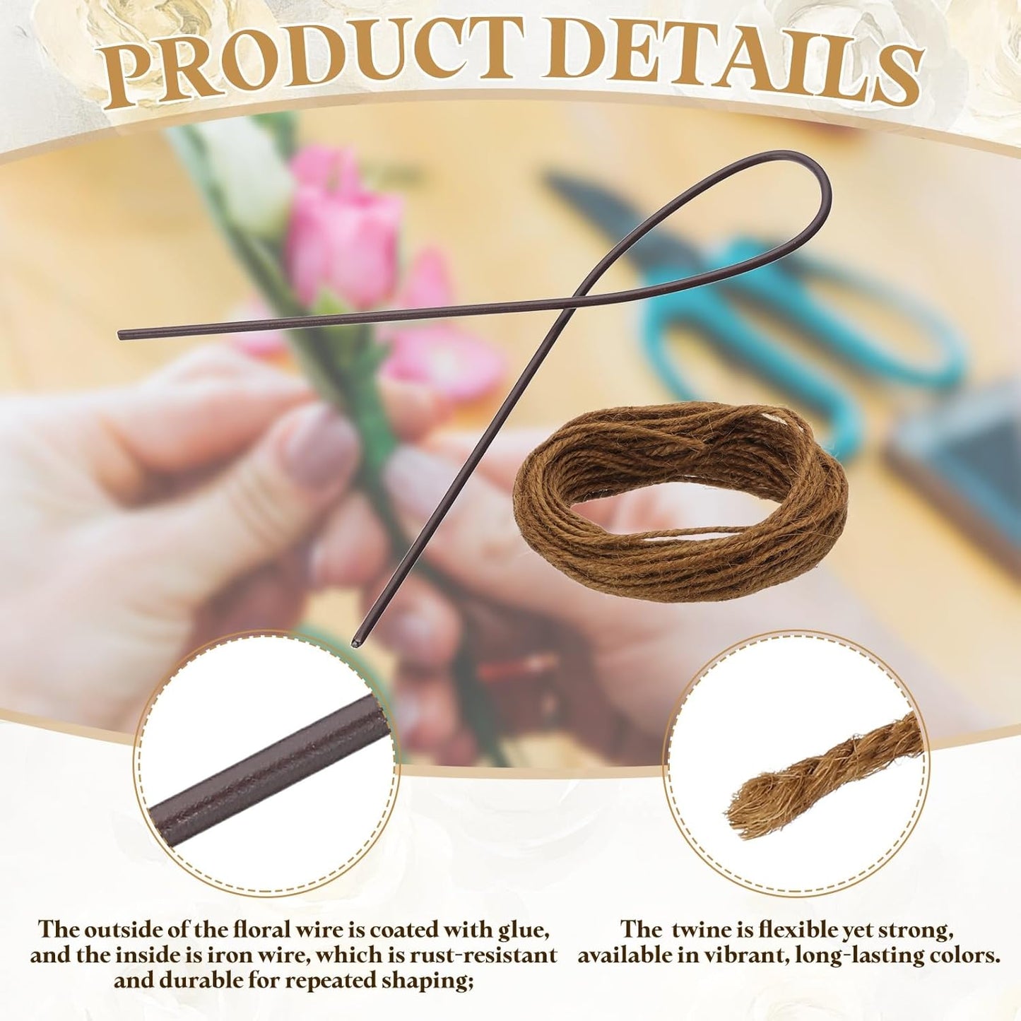 uxcell 50Pcs 2 Gauge Floral Wire, 15.75" Length Flower Stem Wires with 0.08" x 32.8ft Twine for Wreath Making, Flower Arrangement, Brown