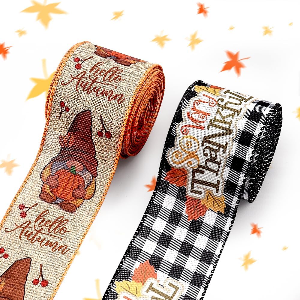 Threetols 2 Rolls 10 Yards Fall Wired Edge Ribbons, 2.5inch Black White Plaid Burlap Ribbon, Autumn Leaves Gnomes Pumpkin Ribbon for Thanksgiving Party DIY Craft Fall Wreath Bow Decor