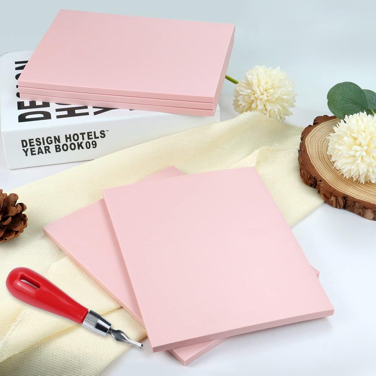 6 Pack 8"x6" Pale Pink Rubber Stamp Carving Blocks Rubber Carved Brick Soft Rubber Linoleum Block for Craft Project