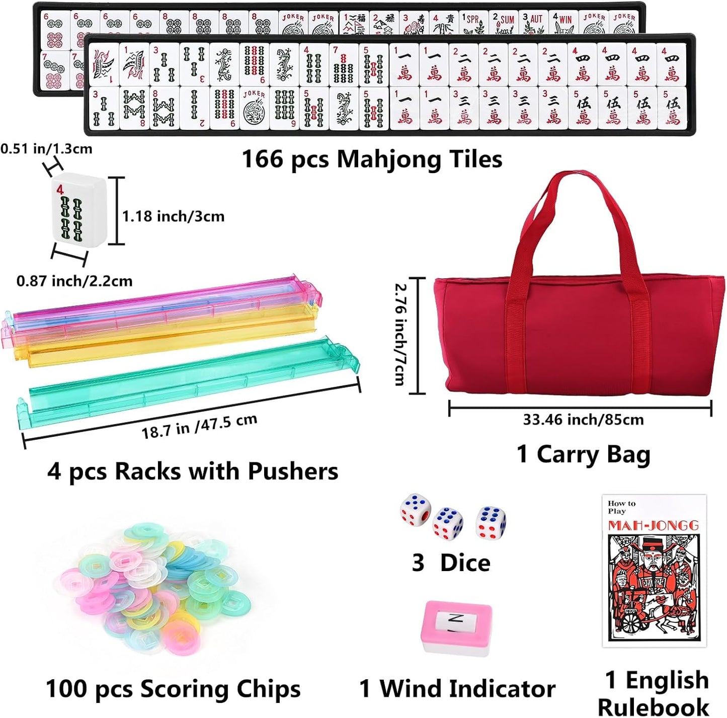 American Mahjong Tile Set – 166 White Tiles, 4 All-in-One Color Racks with Pushers, 3 Dice, Portable Red Carrying Bag – Complete Mahjong Game Set
