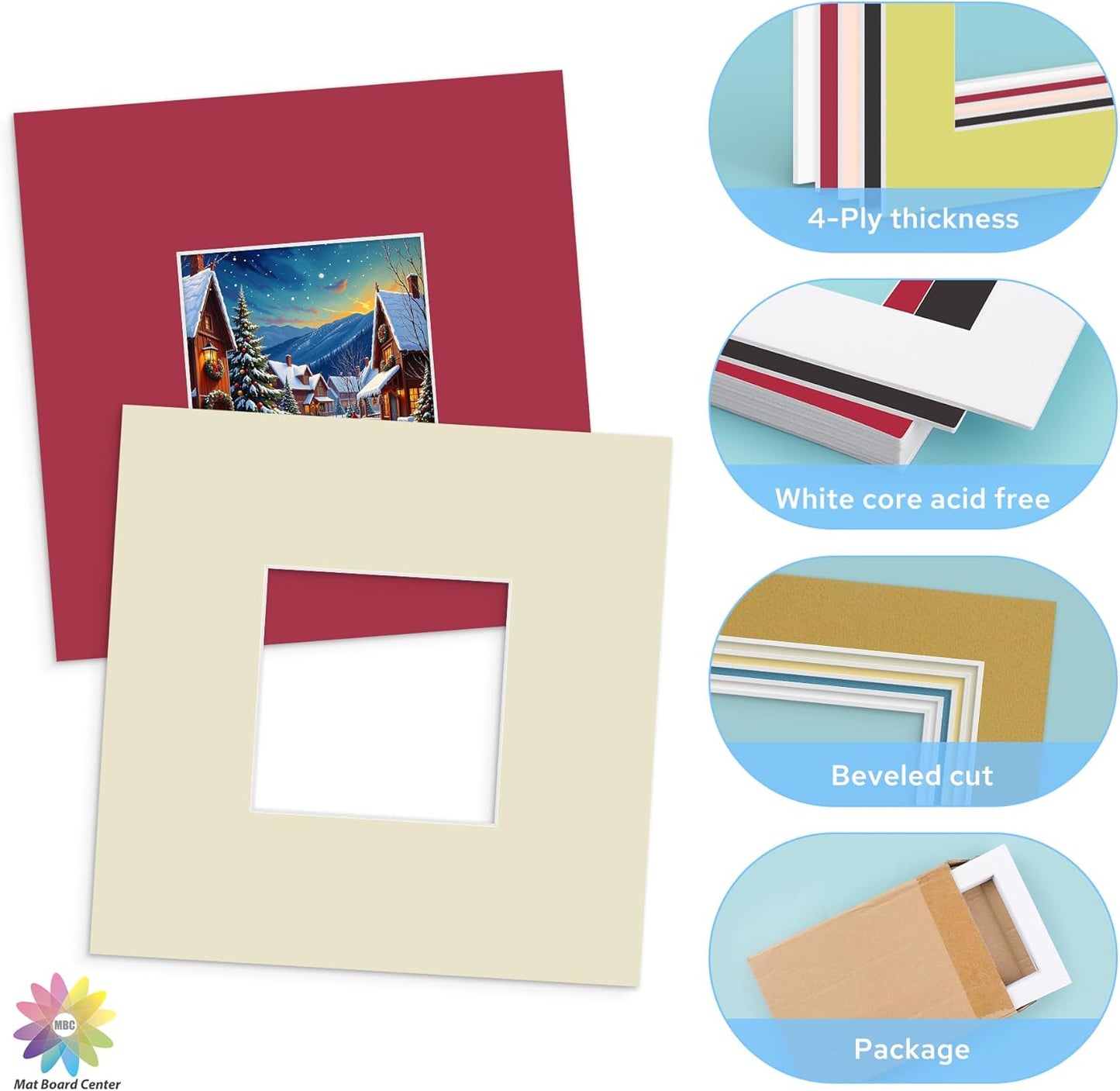 Mat Board Center, 8X8 Mix Color Mats for 4X4 Pictures - Acid Free, 4-Ply Thickness, White Core, Bevel Cut - for Artworks, Photos, Framing - Pack of 12