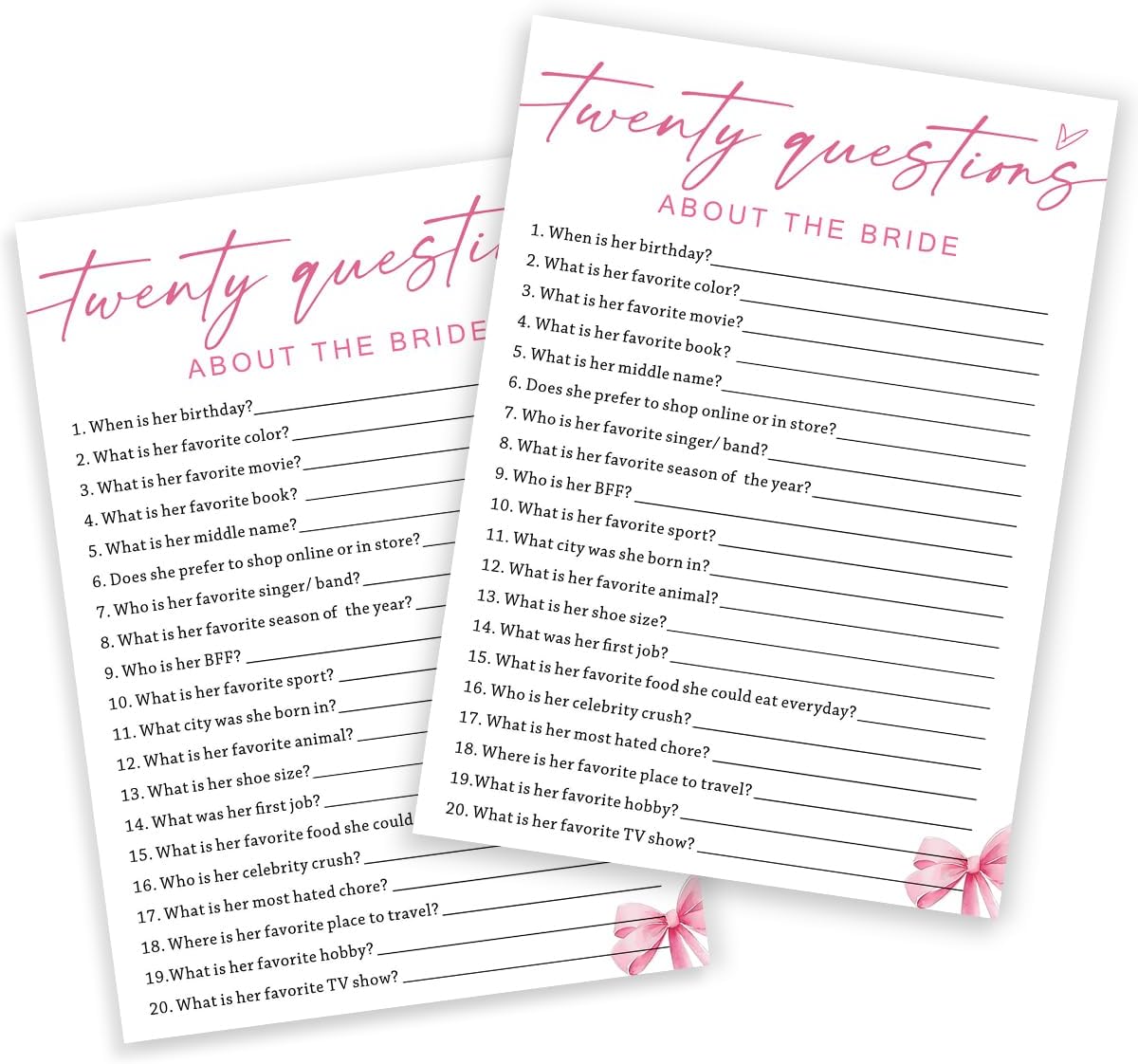Wedding Shower Games Cards, Twenty Questions About The Bride, Bridal Shower Games 25 Guests, Engagement Party Wedding Games for Guests, Pink Ribbon Bow Wedding Party Supplies - E05
