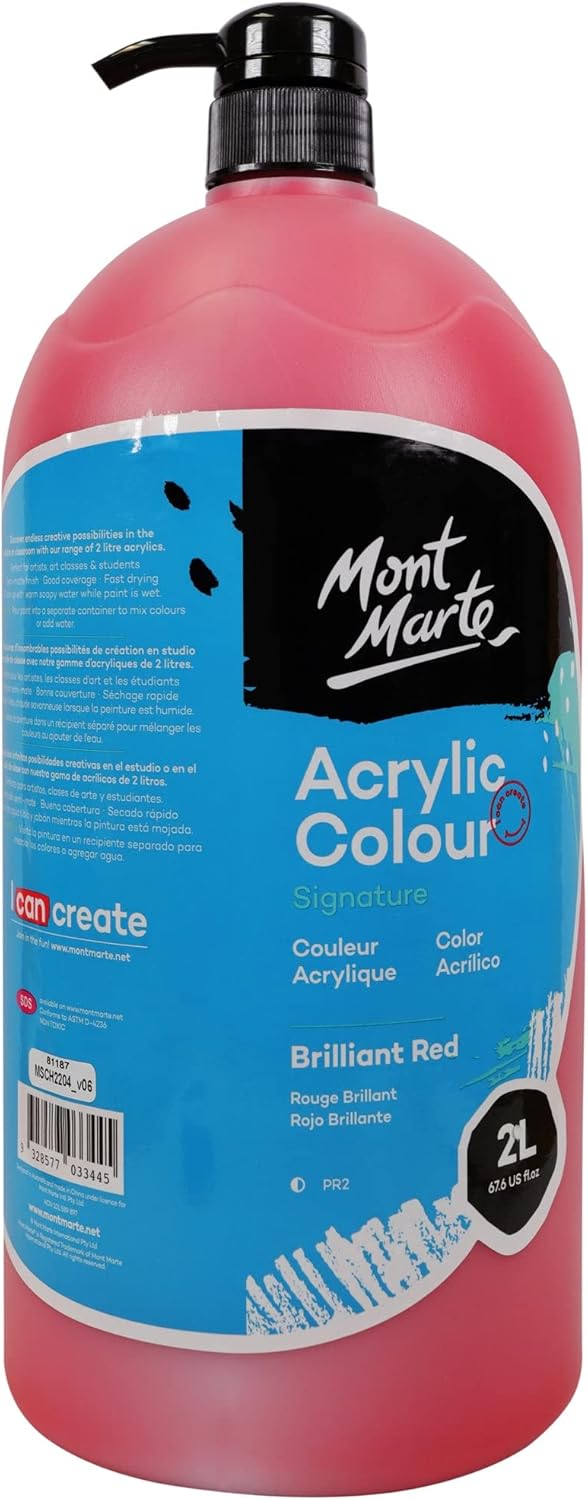 Mont Marte Discovery School Acrylic, Carmine, 1/2 Gallon (2 Liter). Ideal for Students and Artists. Excellent Coverage and Fast Drying. Pump Lid Included.