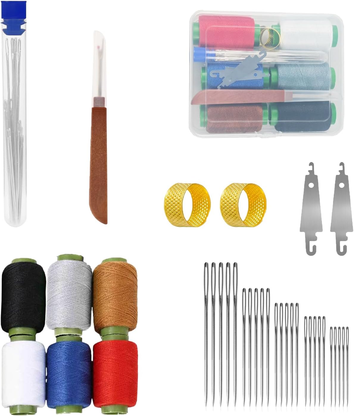 Big Eye Steel Sewing Needles Kit,37PCS Sewing Tool Set-Steel Needles,Thread Ripper,Thimble,Threaders and 6 Color Threads,Portable Hand Sewing Kit,for Beginners,Craft DIY Lovers,Daily Use (37 PCS Set)