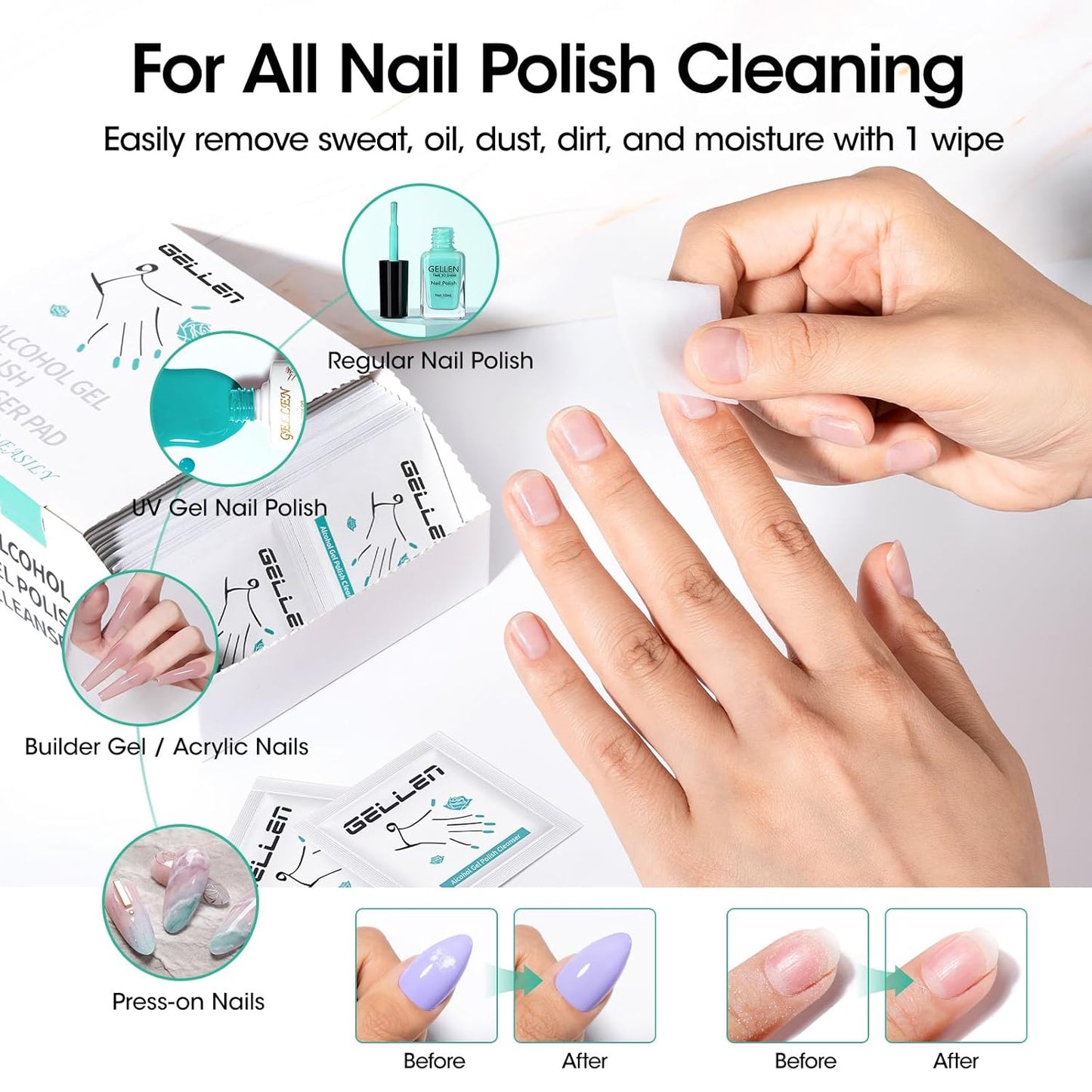 Gellen Gel Polish Remover Pad Kit, Acetone Polish Remover Pads & Alcohol Pads Cleanser Wipes, 400 Pack Travel Kit Professional Individually Wrapped Quick Easy with Glycerin Moisturizing