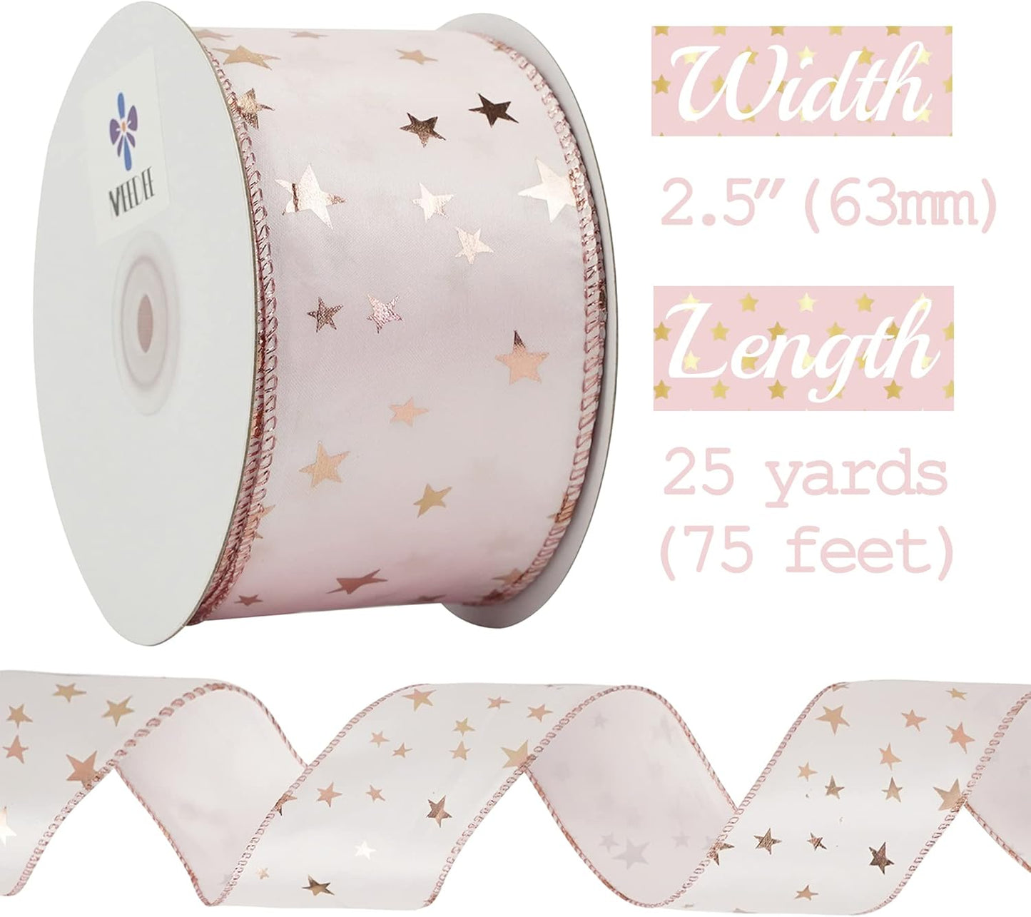 MEEDEE Rose Gold Star Satin Wired Ribbon - 2.5 Inch Pink Wedding Ribbon - 25 Yards Roll Christmas Decor