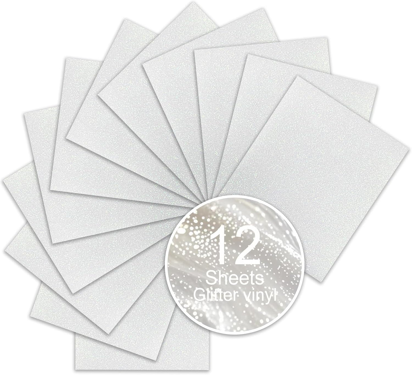 White Glitter HTV Sparkly Heat Transfer Vinyl – 12 Pcs 12x10Inch Iron-On Vinyl Sheets for T‑Shirts & DIY Craft Gifts, Easy to Cut & Weed, No‑Flake & Washable, Work with All Cutter Machines