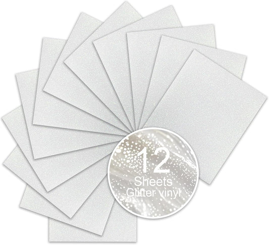 White Glitter HTV Sparkly Heat Transfer Vinyl – 12 Pcs 12x10Inch Iron-On Vinyl Sheets for T‑Shirts & DIY Craft Gifts, Easy to Cut & Weed, No‑Flake & Washable, Work with All Cutter Machines