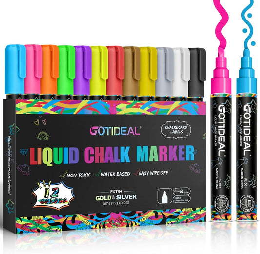 GOTIDEAL Chalk Markers, 12 Colors Liquid Chalk Markers for Blackboard Chalkboard Calendar Glass Neon Pens, Washable Window markers Paint and Drawing for Car, Auto, Bistro,Mirror Wet Erase Chisel Tip