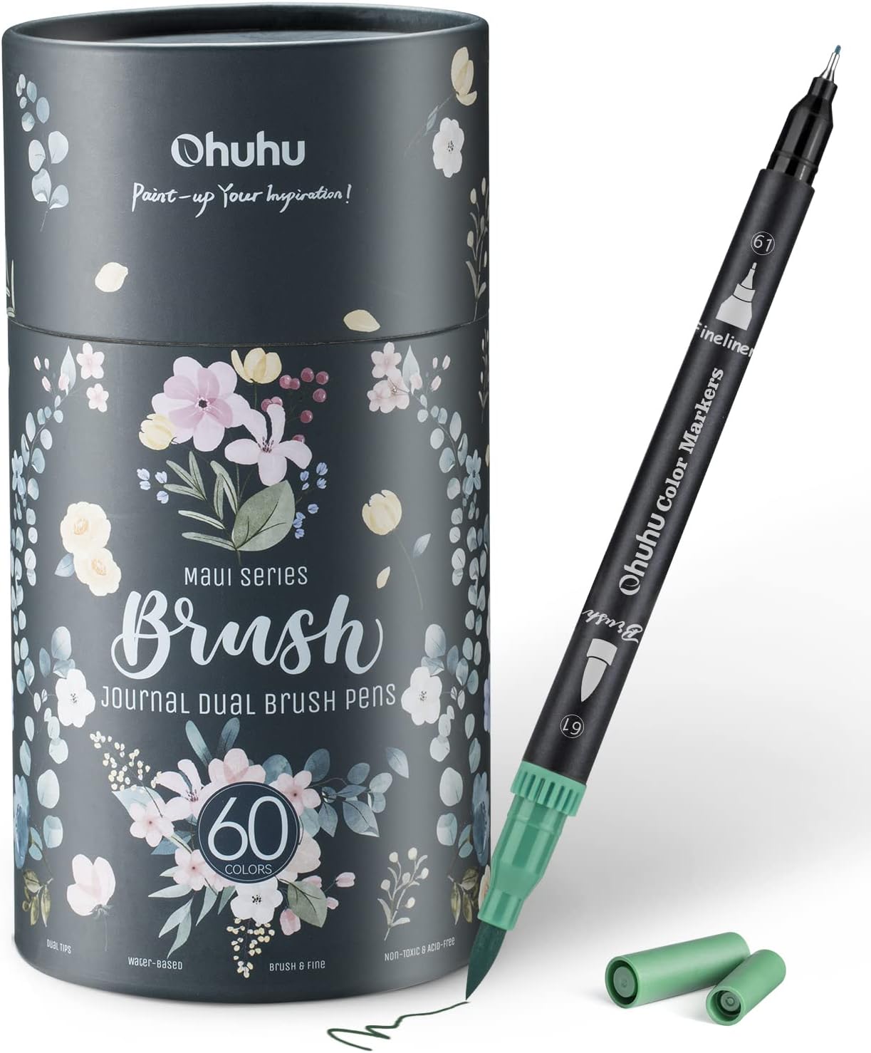 Ohuhu Markers for Adult Coloring Books No bleeding 60 Colors Coloring Markers Water-based Dual Tips Fineliner & Brush Drawing Pens Art Markers for Kids Adults Sketch Journal - Maui - Black