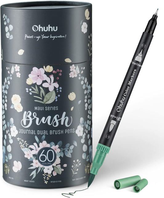 Ohuhu Markers for Adult Coloring Books No bleeding 60 Colors Coloring Markers Water-based Dual Tips Fineliner & Brush Drawing Pens Art Markers for Kids Adults Sketch Journal - Maui - Black