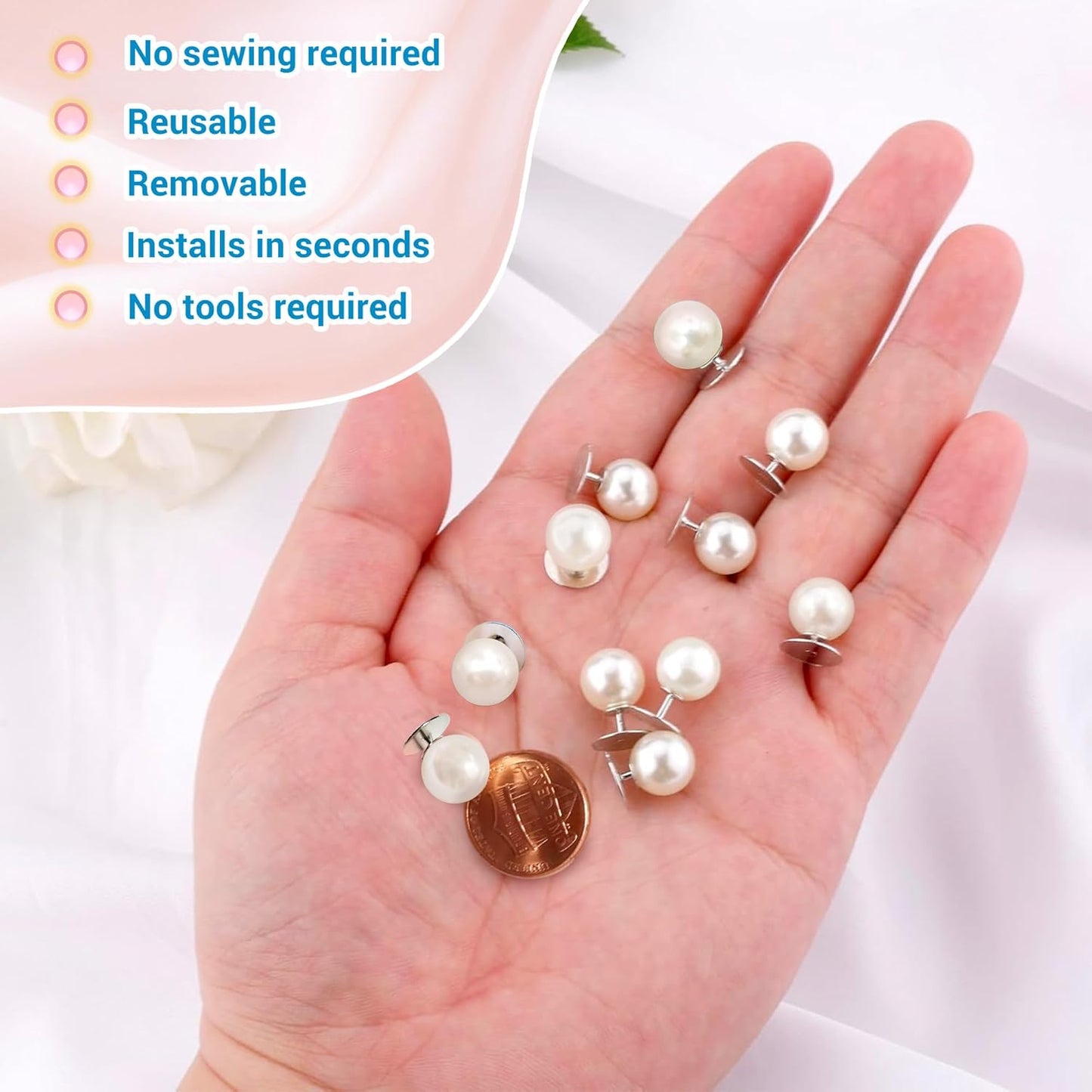 30 Sets Pearl Buttons No Sew Buttons for Clothes, 10mm Pearl Brooch Pins Reusable for Women, White Safety Pins for Dresses, Shirts, DIY Crafts, Fashion Decorative Accessories