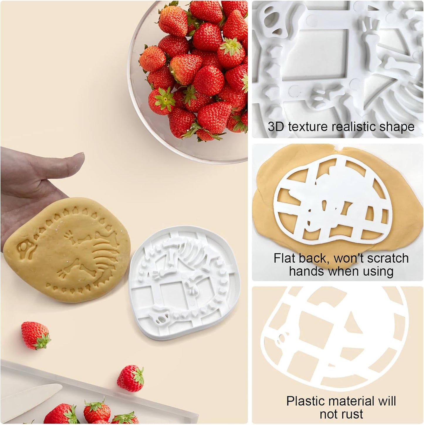 4 Pcs Dinosaur Cookie Cutters Dinosaur Skeleton Fossil Cookie Cutters Stegosaurus T-Rex Tanystropheus Triceratops Bone Fossil Mold for Stamp Baking Dinosaur Biscuits Enthusiasts