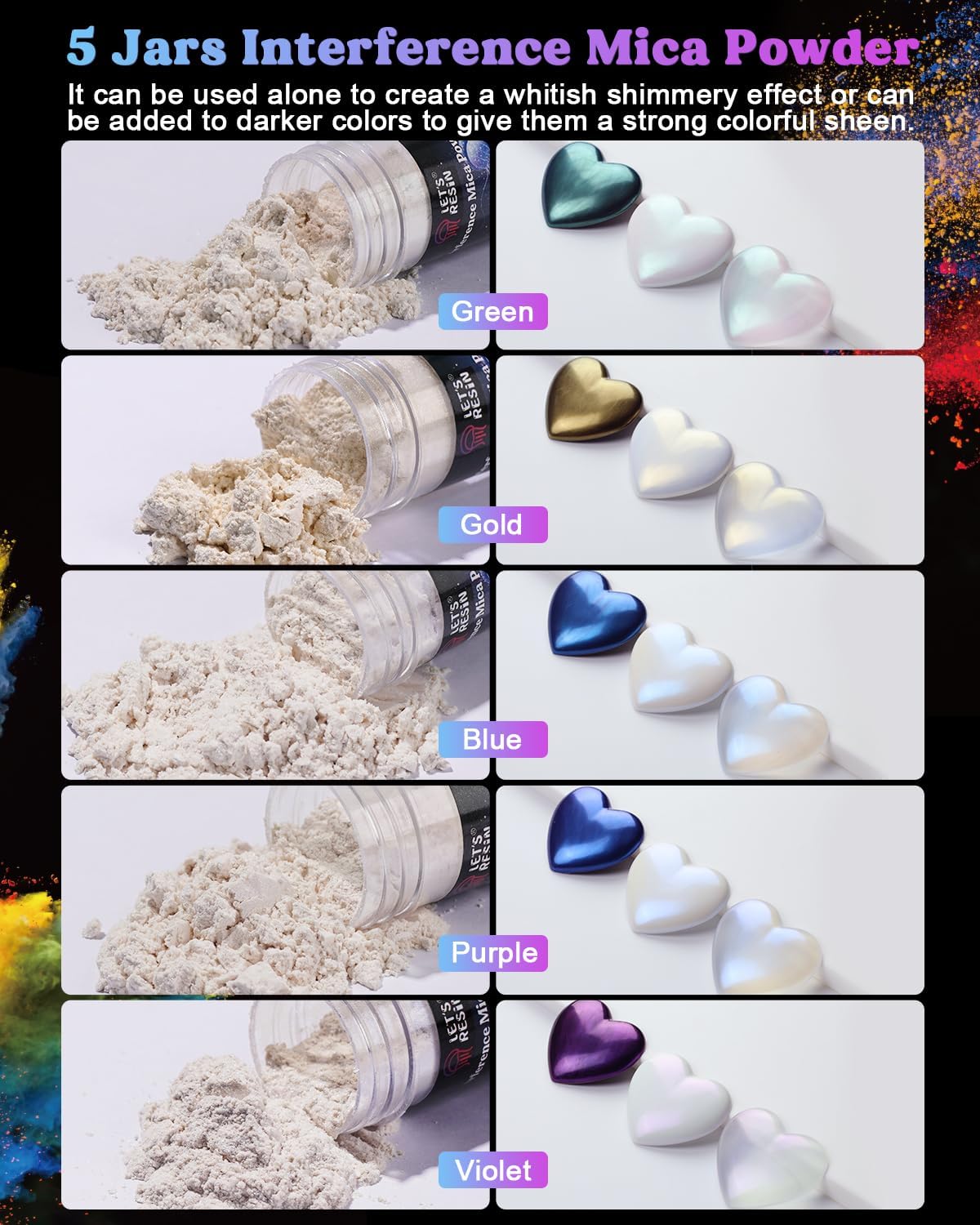 LET'S RESIN 60 Colors Mica Powder,Natural Pearlescent Pigment Powder for Epoxy Resin/UV Resin for Candle Making, Color Pigment Dye, Painting, Bath Bombs, Art Crafts