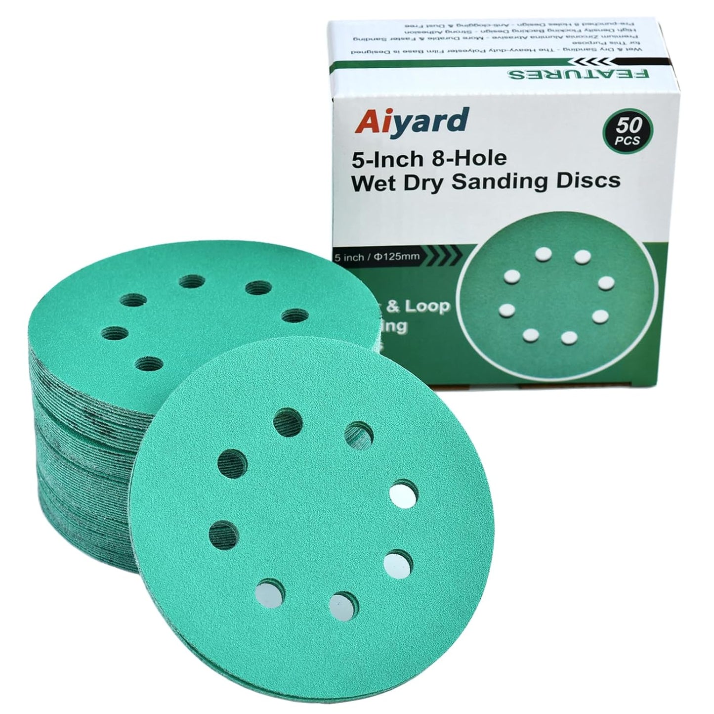 5-Inch 8-Hole Wet Dry Sanding Discs 150 Grit, Polyester Film Backed Heavy-Duty Hook and Loop Sandpaper for Random Orbital Sander, 50-Pack