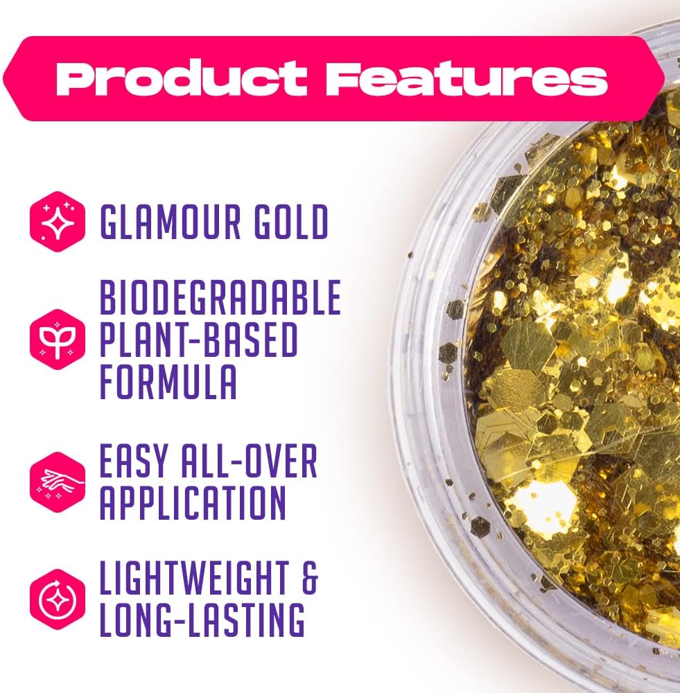 Gold Biodegradable Glitter Makeup | Plant Based, Eco Friendly, Hair Glitter, Face Glitter or Body Glitter | Cosplay, EDM Music Festival, and Rave Makeup Accessory | 5 Grams of Chunky Glitter