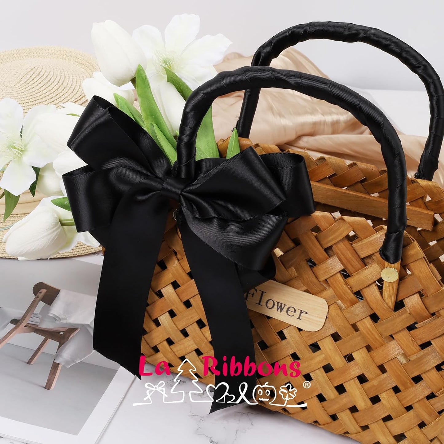 LaRibbons Black Satin Ribbon 1 1/2 Inch 50 Yards Double Faced Red Silk Ribbon for Flower Bouquet Crafts Gift Wrapping Bow Christmas Decoration