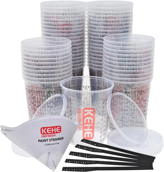 60 PACK Paint Mixing Cups by KEHE REFINISH,38 oz (1100ml),Disposable or Reusable Plastic Measuring Cups with Lids for Liquids, Paints, Resin, Epoxy, Art,Ratios 1:1,2:1, 3:1, 4:1,5:1,6:1,7:1,8:1
