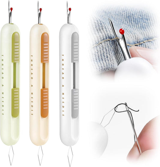 2 in 1 Needle Threader Seam Ripper Tool for Easy Needle Threading and Stitch Removal, Multifunctional Hand Sewing Tools Automatic Threading Tool Stitch Ripper (Beige & Green & White)