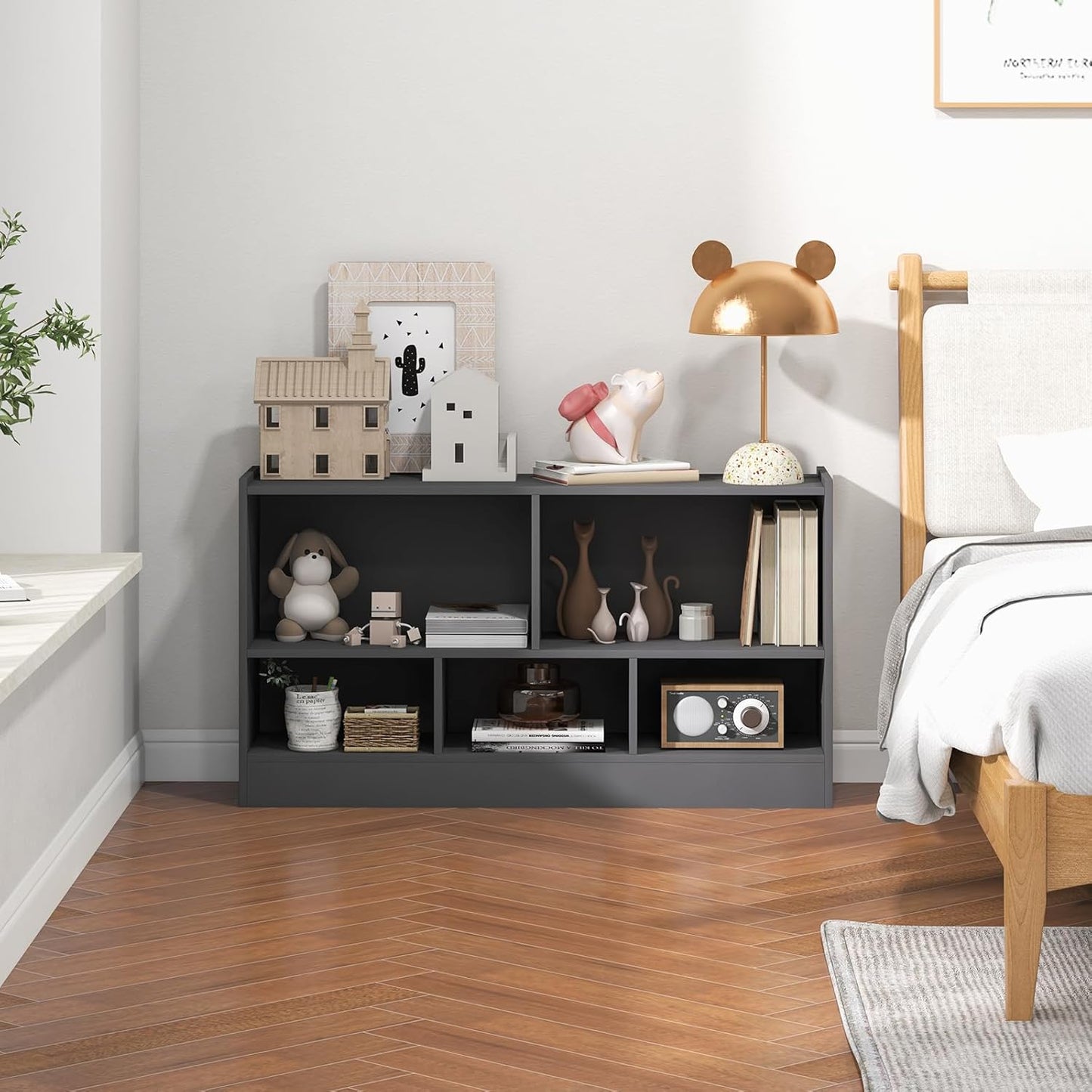 LOKO 2 Tier 5 Cube Bookcase, Open Shelf Storage Cabinet, Wooden Display Cabinet Shelf, Multipurpose Bookshelf for Living Room, Bedroom, Hallway, Home Office, Classroom (Grey)