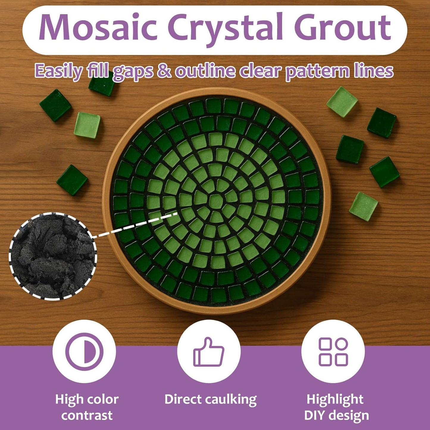 200g Mosaic Crystal Grout for Crafts, Mosaics Tile Tools, High Color Contrast, Direct caulking, Suitable for Mosaic Tiles, DIY Craft Projects (Black)
