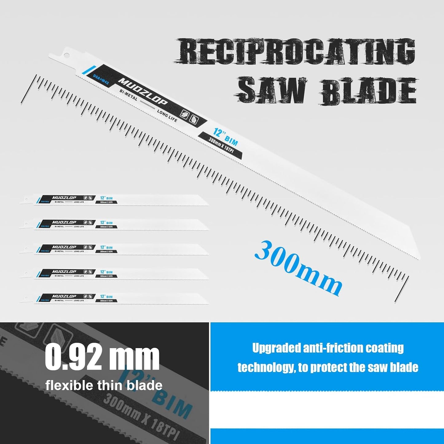 5 Pack 12 inch Reciprocating Saw Blades Set,18 TPI High Carbon Saw Blades, Metal Saw Blades with Organizer Case (5, 18TPI/300mm)