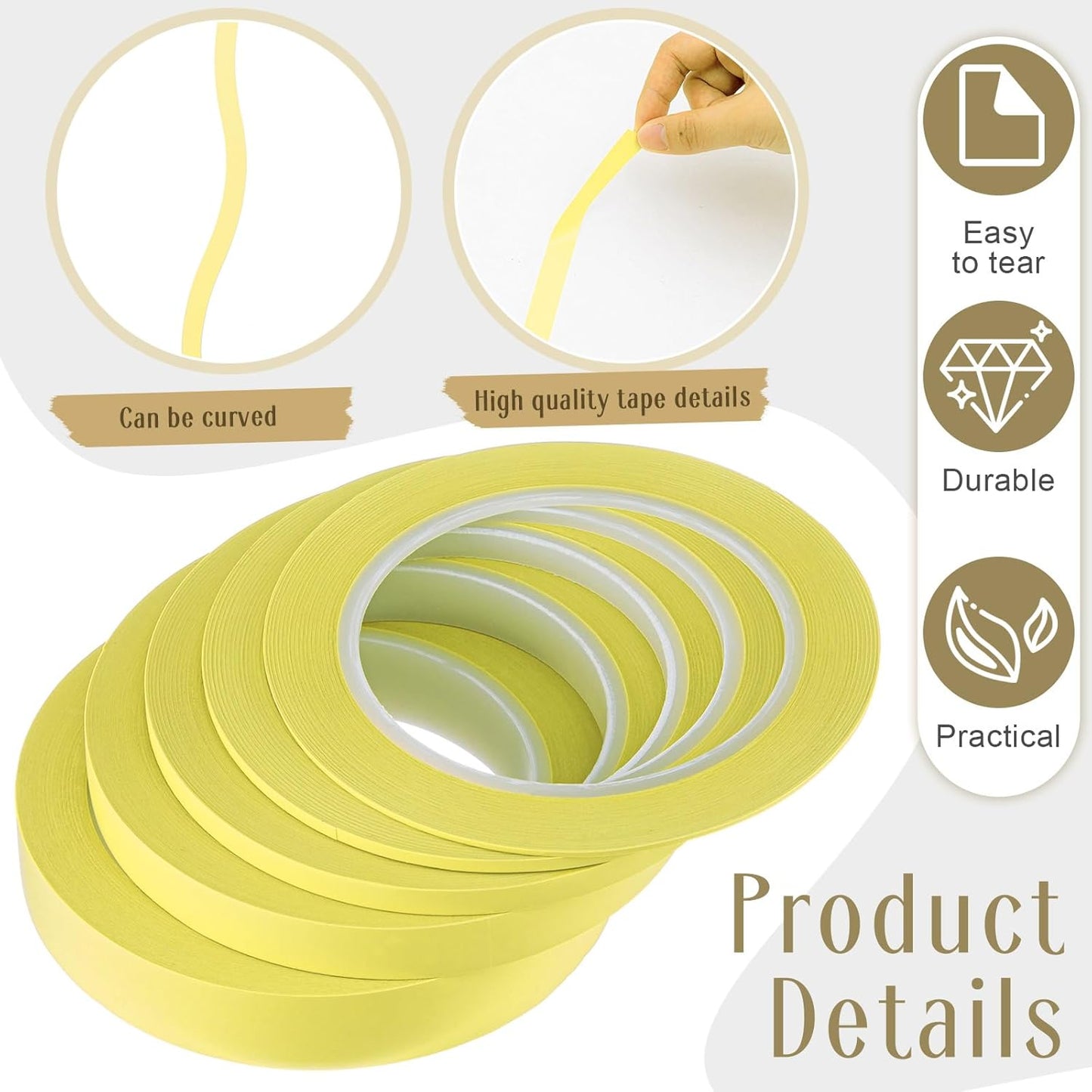 Xuniea 5 Rolls of Vinyl Tape Masking Tape Automotive Car Auto Paint for Curves, High Temperature Vinyl Low Tack (1/16 Inch, 1/8 Inch, 1/4 Inch, 1/2 Inch, 3/4 Inch,Yellow)