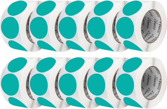 Perco Teal 3-Inch Perforated Circle Dot Sticker Labels — 10 Rolls, 5,000 Round Stickers — with Permanent Adhesive for Moving Boxes, Sale Signage, Displays, Status Messaging—Made in USA
