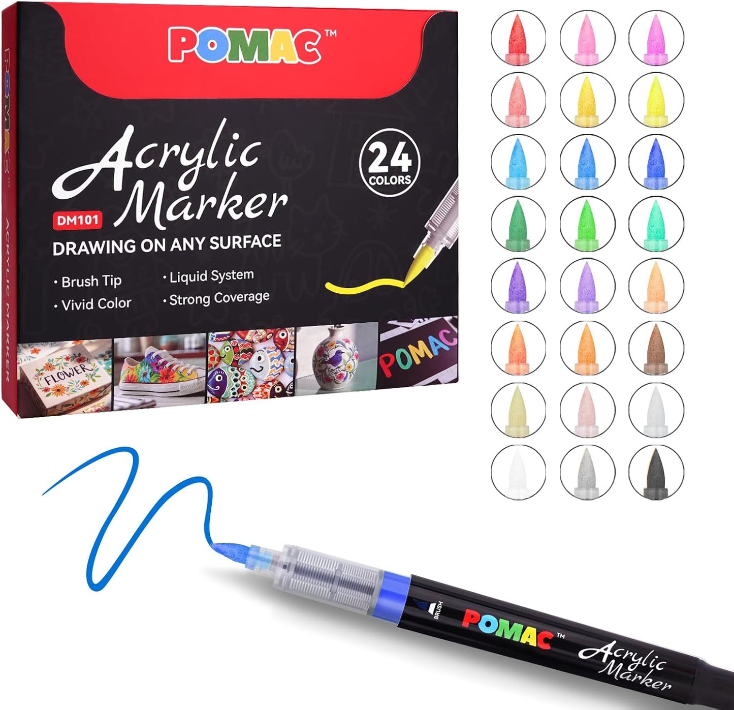 POMAC Liquid Acrylic Paint Markers 24 Colors, Waterproof Paint Marker Pens Brush Tip No-Bleed for Fabric, Canvas, Rock, Glass, Wood, DIY Crafts, Art Supplies
