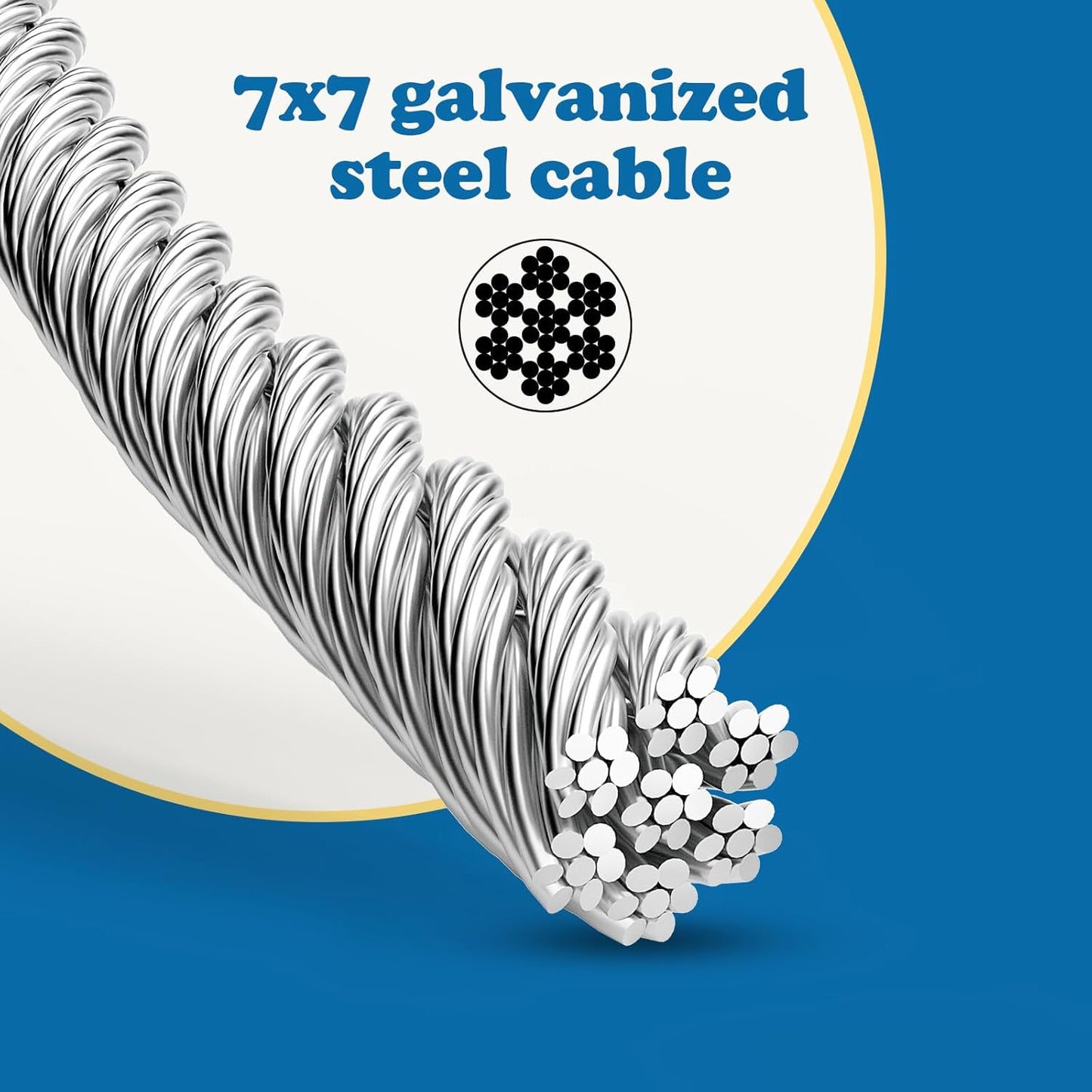 1/8 Galvanized Steel Wire Rope Cable, 100FT Galvanized Steel Cable with Rope Clamp and Thimble, 7X7 Strand Core Aircraft Cable Used for Anchored Shed, Fencing, Sunshade, Clothesline,