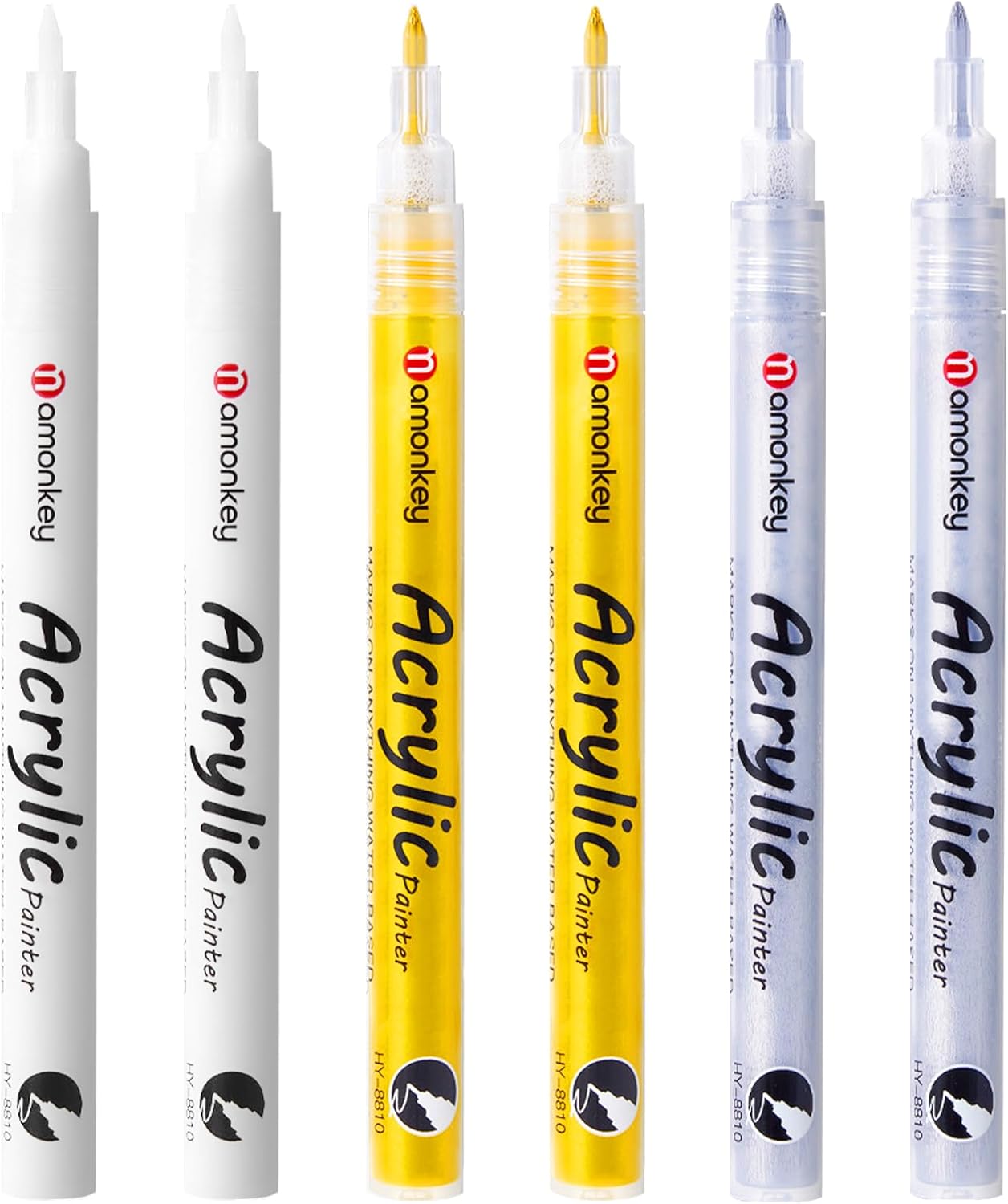 White, Silver & Gold Paint Marker Pens 6 Pack 0.7mm Extra Fine Tip, Permanent Acrylic Ink for Rock, Wood, Metal, Glass, Ceramic, Plastic, Canvas, Pens for DIY Crafts, Art & Fine Detailing