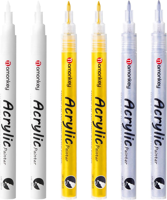 White, Silver & Gold Paint Marker Pens 6 Pack 0.7mm Extra Fine Tip, Permanent Acrylic Ink for Rock, Wood, Metal, Glass, Ceramic, Plastic, Canvas, Pens for DIY Crafts, Art & Fine Detailing