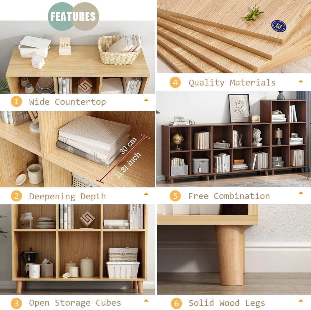 IOTXY Open Cube Low Bookcase - 3-Tier Freestanding Storage Display Cabinet Organizer with Legs for Home Office, 11-Cubes Open Shelf Short Bookshelf, Walnut