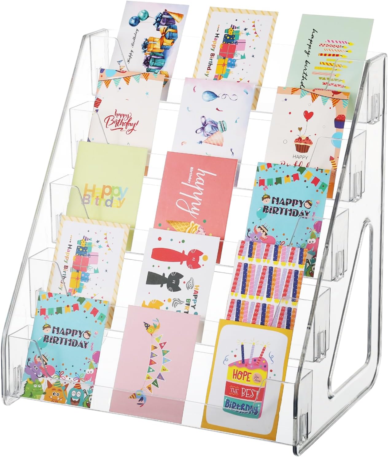 5 Tier Acrylic Card Display Stand(Tall Height), Clear Display Shelf Desktop for Trading Cards, Sports Cards, Greeting Card, Stickers & Brochures, Easy Clip-On Design