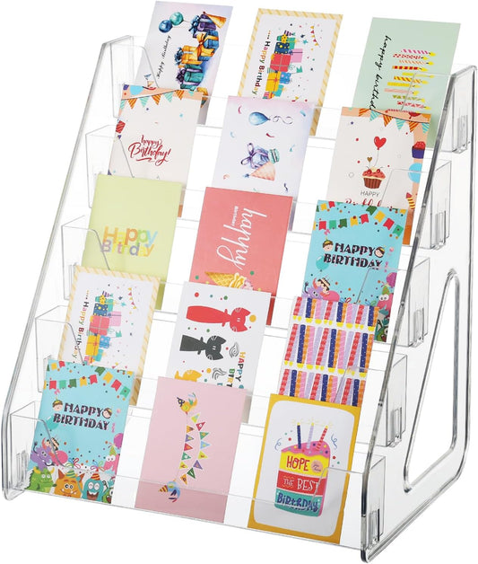 5 Tier Acrylic Card Display Stand(Tall Height), Clear Display Shelf Desktop for Trading Cards, Sports Cards, Greeting Card, Stickers & Brochures, Easy Clip-On Design