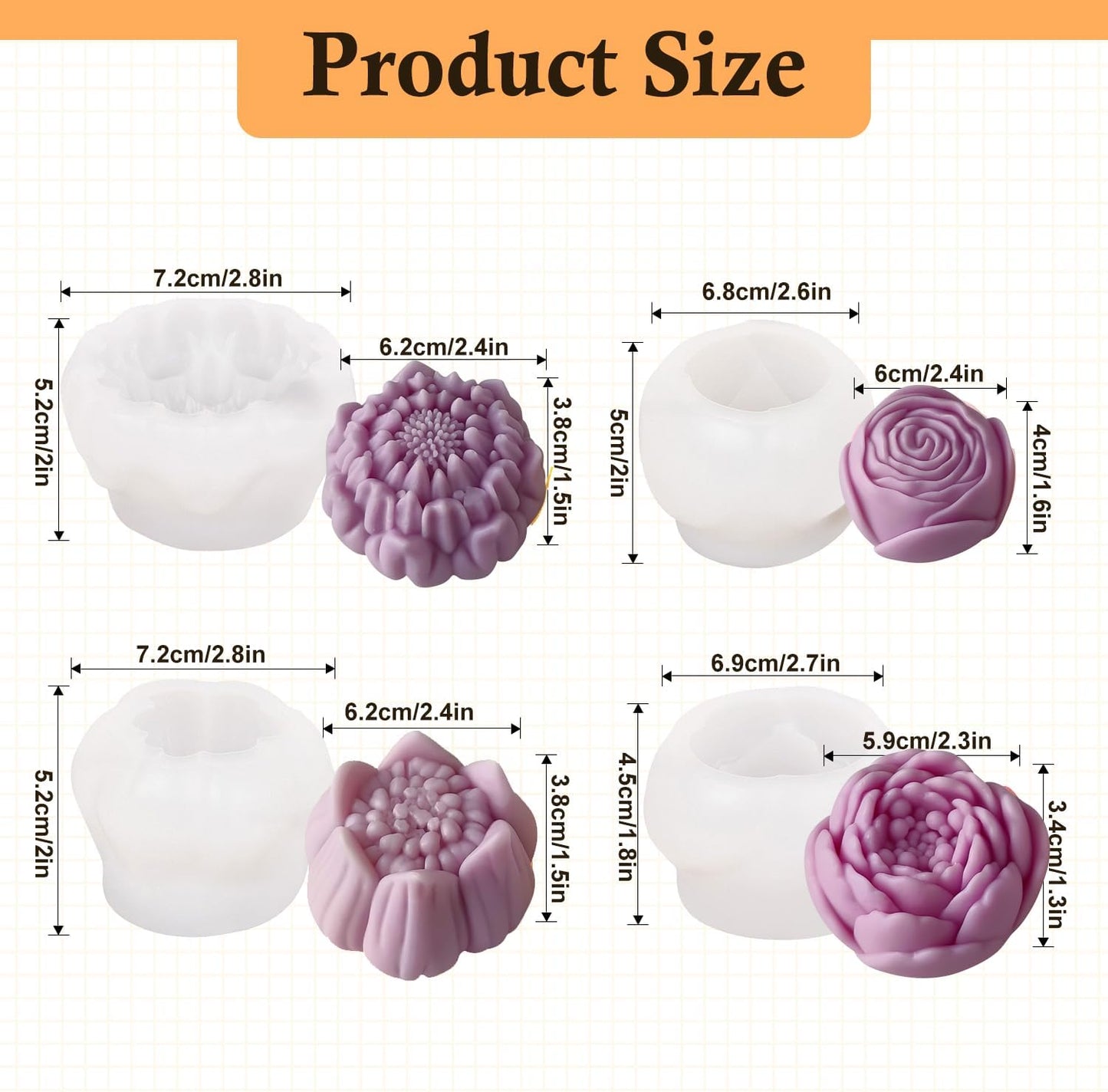 4pcs Large Flower Silicone Candle Molds,Reusable 3D Mold for Soap, Baking, Chocolate, Ice, Wax Resin Crafts, Rose Lotus Hibiscus Peony, Non-Stick, Easy Release Clean, DIY Gift for Bakers