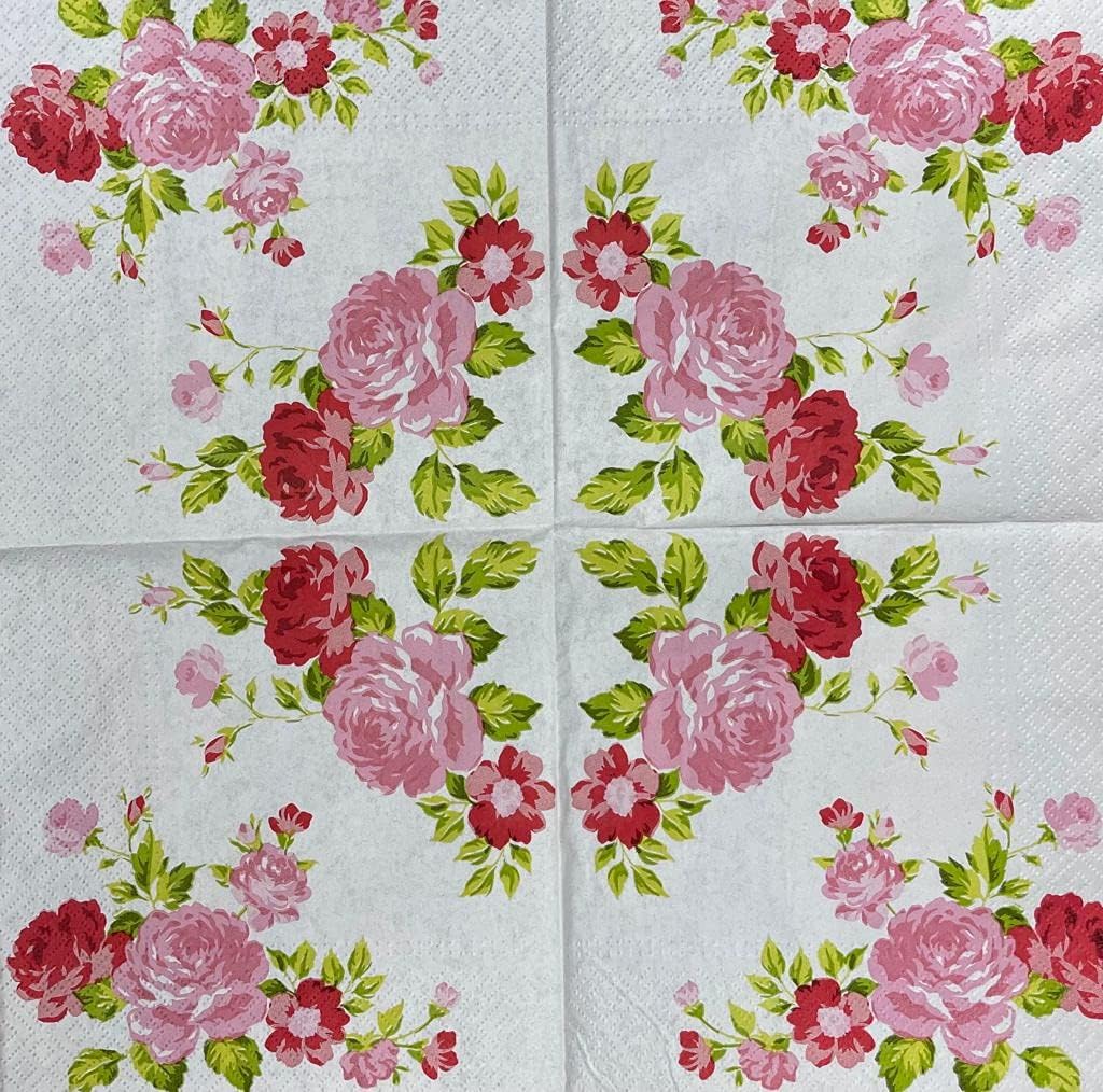 20-ct 13x13 Flowers Paper Luncheon Decoupage Napkins, 3-Ply Servilletas Printed Pink Roses Cocktail Napkin for Art, Dinner and Party, Disposable Napkins Decor