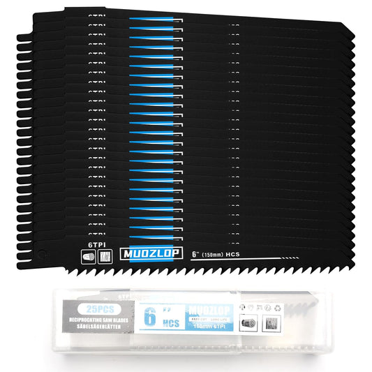 25Pack 6inch Reciprocating Saw Blades Set,6 TPI High Carbon Saw Blades,Woodcutting Saw Blades with Organizer Case (25, 6TPI/150mm)