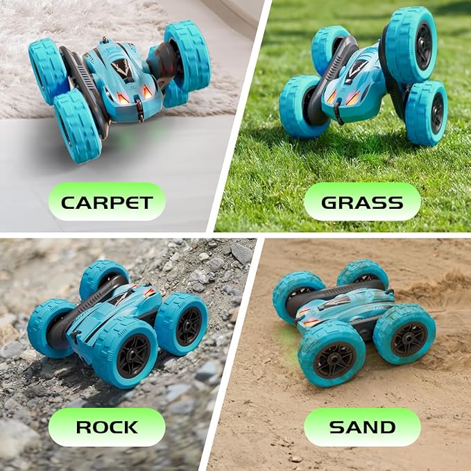 Remote Control Car,Stunt RC Cars Double Sided 360° Rotating RC Crawler,2.4Ghz All Terrain 4WD Off Road Monster Truck Car Toy for Kids Gifts for Boys Girls (F-Blue-Head Light)