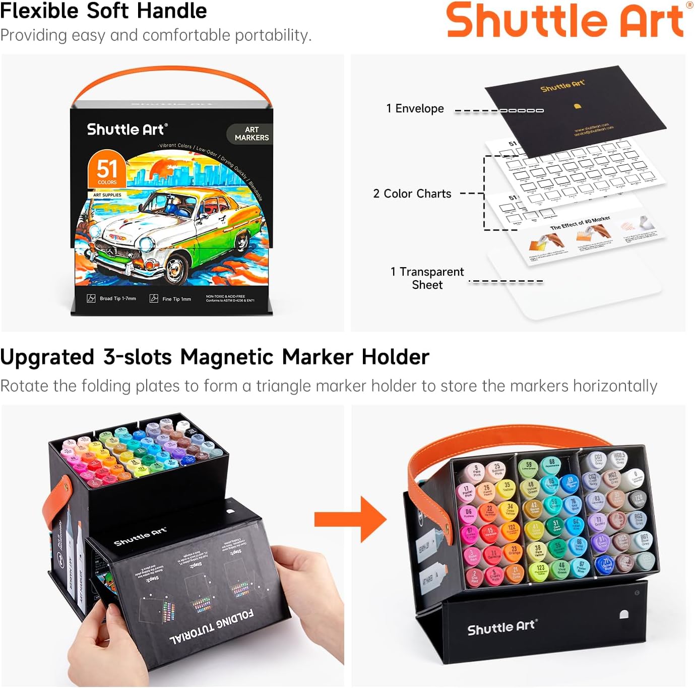 Shuttle Art 51 Colors Alcohol Markers, 50 Colors Dual Tip Art Marker Set Plus 1 Colorless Blender with Marker Case Perfect for Illustration Students Adult Coloring Sketching