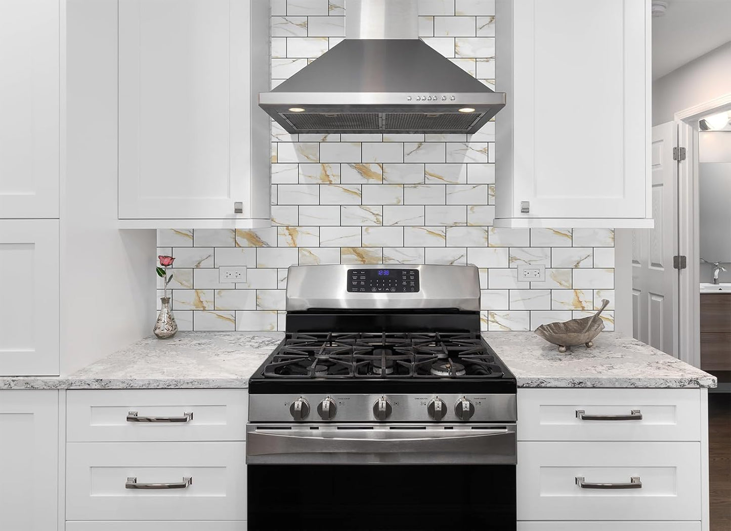 100 Pieces Peel and Stick Backsplash for Kitchen, 3" x 6" PVC Subway Tile Upgraded Calacatta Gold with Dark Gray Grout Backsplash Stick on Tile Elevate Kitchen, Bathroom, Fireplace,RV