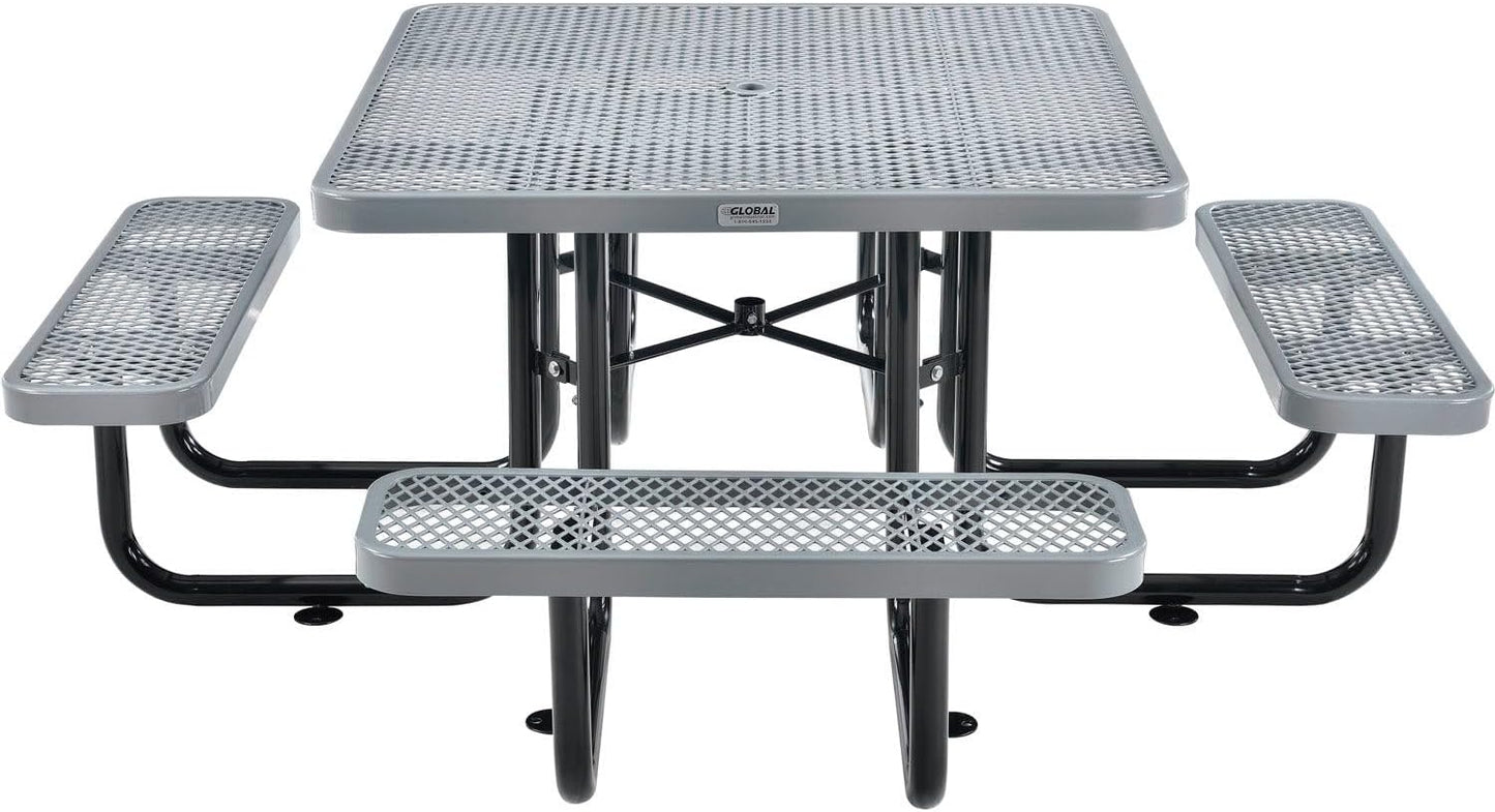 Global Industrial 46" Square Picnic Table, Expanded Metal, Gray Thermoplastic Coating, Attached Benches, 1-1/2” Umbrella Pole Hole, Outdoor-Rated, 1000 lb Capacity