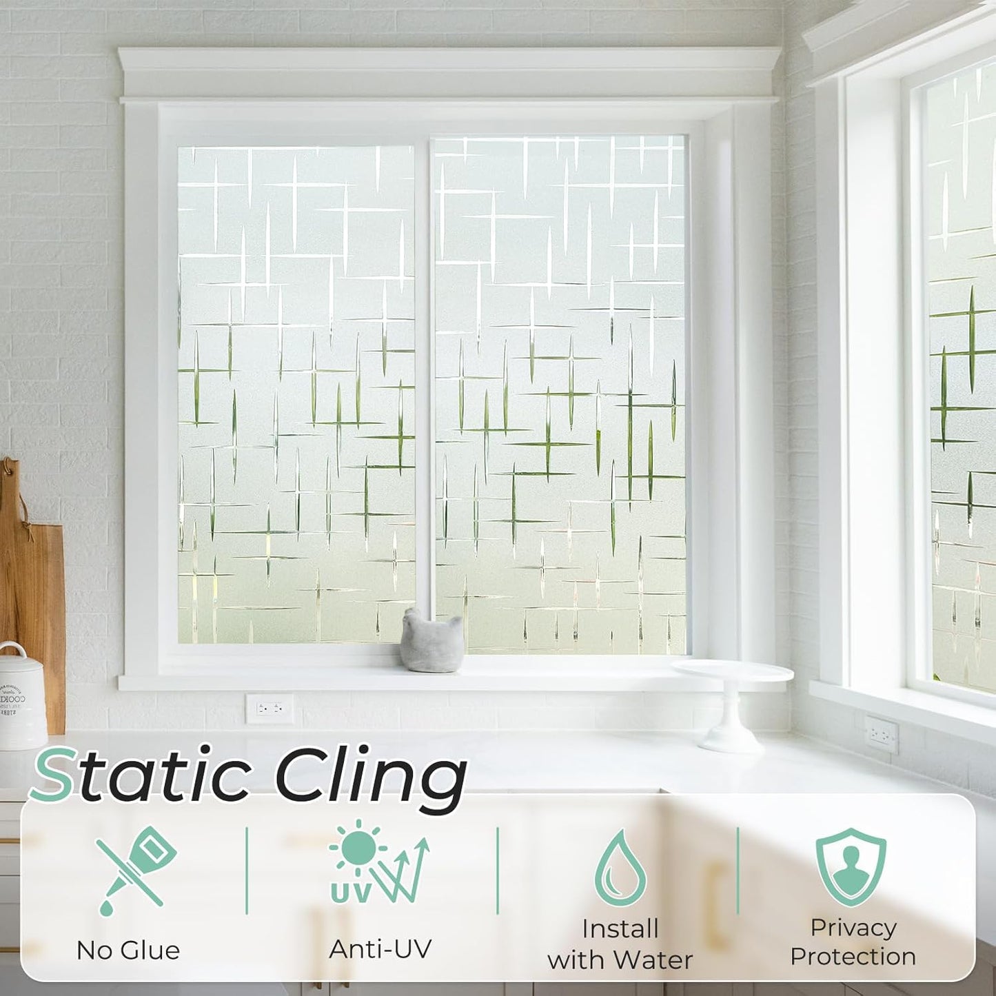 DOWELL Window Privacy Film Frosted Glass Window Film, Sun Blocking Non-Adhesive Glass Cling, Decorative Door Sticker, Self Static-Cling Tint Covering for Home Office, Cross Pattern 23.6" x 157.5"