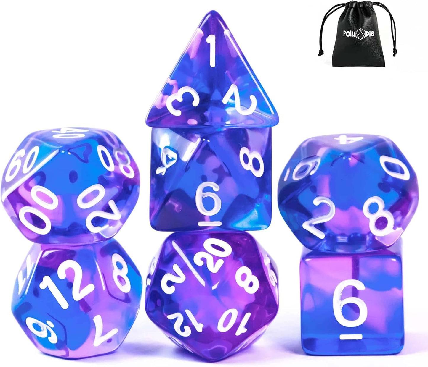 7-Die DND Dice Set Polyhedral Dice Set with a Leather Dice Bag, D&D Dice Set for Dungeons and Dragons, RPG Table Games (T/Purple Blue)