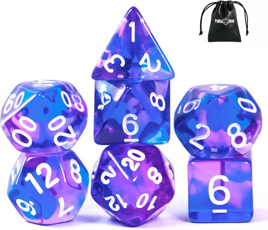 7-Die DND Dice Set Polyhedral Dice Set with a Leather Dice Bag, D&D Dice Set for Dungeons and Dragons, RPG Table Games (T/Purple Blue)