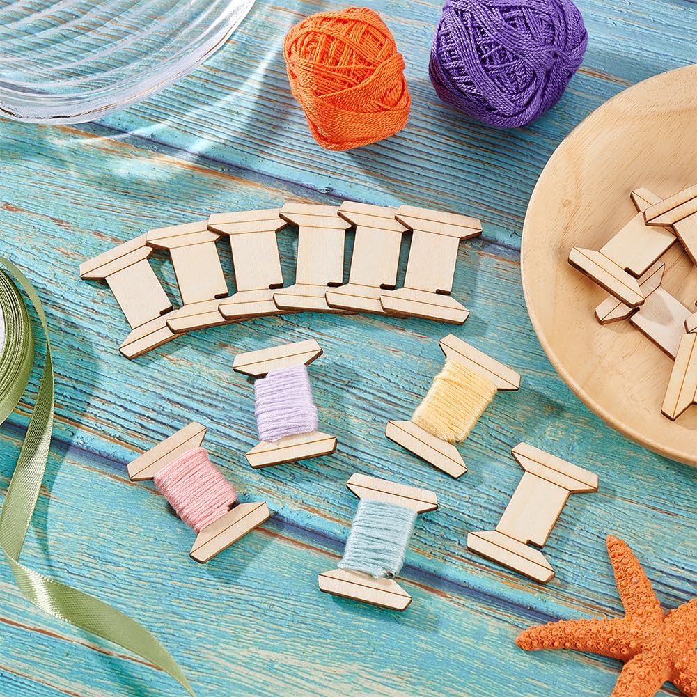 PH PandaHall 20pcs Thread Organizer Bobbin Winder Embroidery Thread Storage Floss Keeper Knitting Thread Holder Spool Shape Wood Bobbins Card for Sewing Crochet Needlework Tool 1.2x1.5 Inch